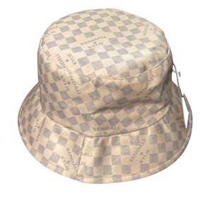 KENDALL + KYLIE Adjustable Bucket Hat Light Blue & Tan Checked Monogrammed NWT